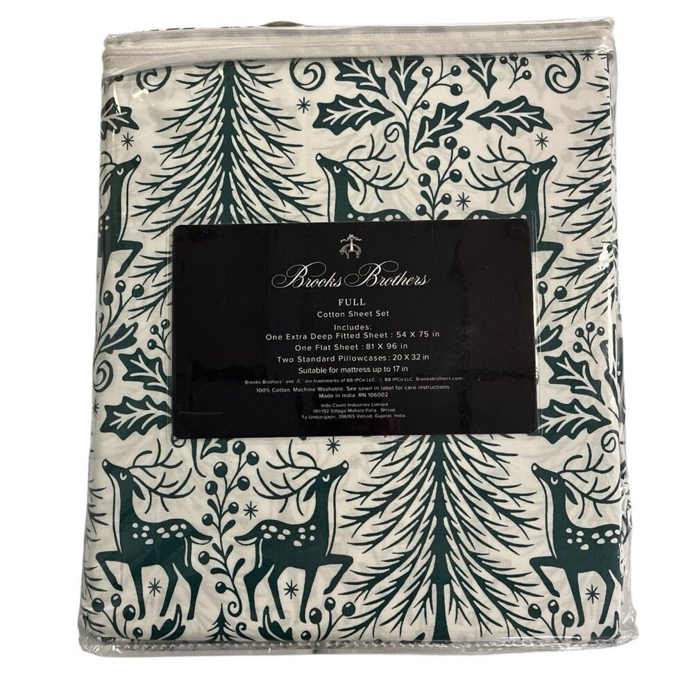 Brooks Brothers Full Cotton Sheet Set Green Reindeer Tree Holiday Woodland 4pc